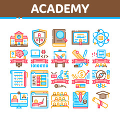 Fototapeta na wymiar Academy Educational Collection Icons Set Vector Thin Line. Academy Building And Uniform, Book And Paper With Pen, Financial And Music Lessons Linear Pictograms. Color Contour Illustrations