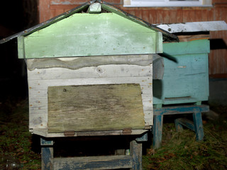 Beehive closed for winter at night