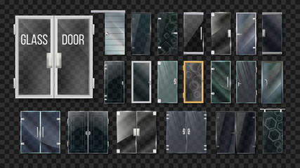 Glass Doors Architecture Collection Set Vector. Transparent Doors With Different Material Handle, Hinges And Frames. Modern Front Center Entrance Template Realistic 3d Illustrations