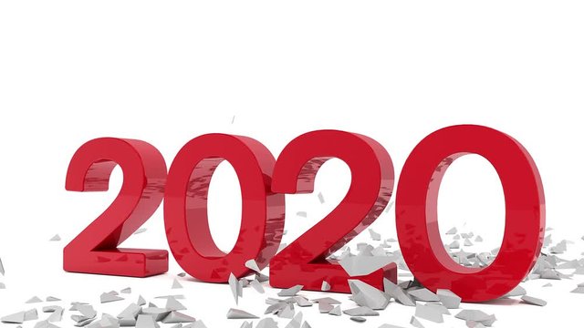 3d video animation of the years 2019 and 2020 in red and silver over white background. The number 20 meets the number 19 and is destroyed - represents the new year 2020