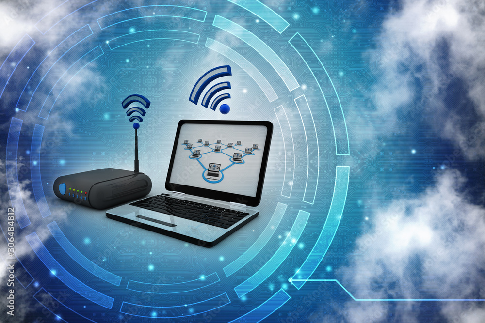 Poster 3d rendering transmitter wi-fi modem with laptop