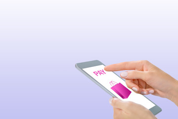  Mobile phone with woman`s hand browsing web site and payment. Copy space.