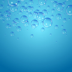 Soap bubbles background, vector illustration. Set of clean water, soap, gas or air bubbles with reflection on blue gradient background. Realistic underwater.