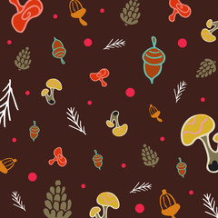 Doodle brown background with mushrooms, cones, berries, acorns and spruce branches.