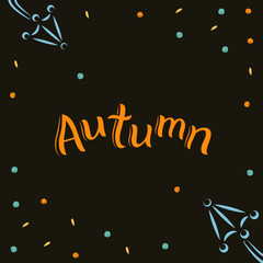 Vector grey drawing in doodle style with lettering composition "Autumn". Background with umbrellas, berries and leaves.