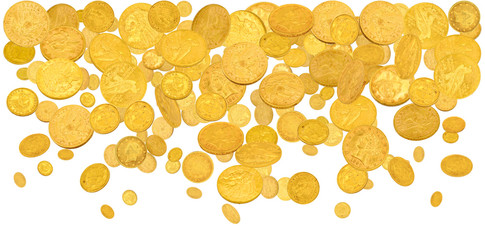 American dollar coins falling from the top isolated on white