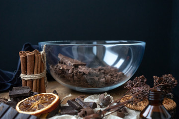 Cooking chocolate craft truffles in a glass bowl