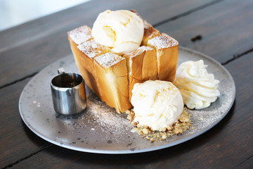 Honey Toast with whipped cream and ice cream