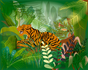 Fototapeta na wymiar illustration, postcard, banner desktop wallpaper angry tiger in the jungle