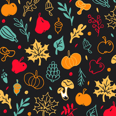 Doodle grey background with pears, apples, pumpkins, zucchini, berries, cones, acorns,  mushrooms and leaves.