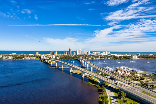 Aerial view Daytona Beach and split bridges crossing the Halifax River