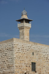 Fototapeta na wymiar Minaret of Al Aqsa mosque, Temple Mount in Jerusalem, seen from outside of wall