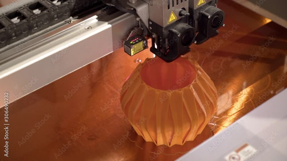 Poster close-up 3d printer creates vase. action. modern automated 3d printer machines can create any object