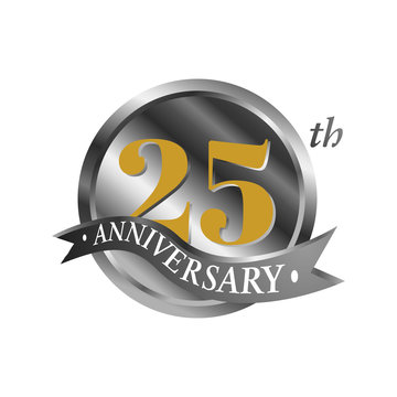 25th Anniversary Vector Logo Illustration. 25 Years Silver Anniversary Celebration Logotype With Number And Ribbon. Twentyfive Years Celebration Event Sign Symbol On White Background.