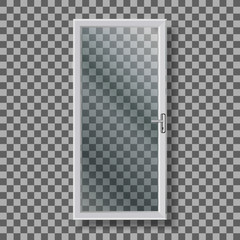 Fototapeta premium Glass Door With Handle And White Frame Vector. Transparency Door With Metal Chrome Doorhandle Entrance On Balcony Or Porch. Stylish Exterior Element Template Realistic 3d Illustration