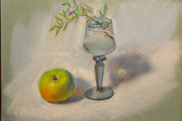 Still-life with apple and glass of wine soft pastel