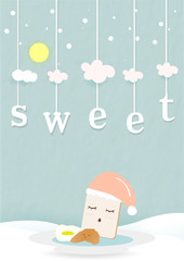 sweet bakery product background cover paper with full moon blue pastel.set on plate croissant egg breakfast menu.cloud hang on word is very cute cartoon design food character.