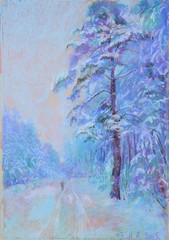Winter landscape with road watercolor