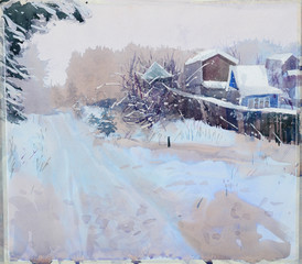 Winter landscape with road watercolor