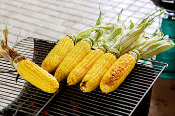 Closeup Grilled corn on the grill. A delicious snacks.