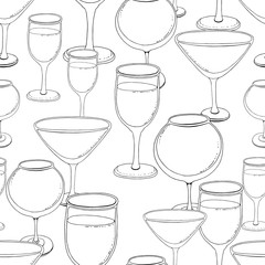 Hand-drawn sketch of wine glass. Seamless glassware background. Glassware pattern. Black and white style. Vintage.