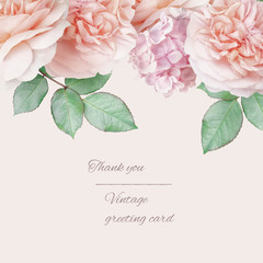 Card with bouquet of garden flowers. Pink roses, tulip, hydrangea isolated on pastel background....