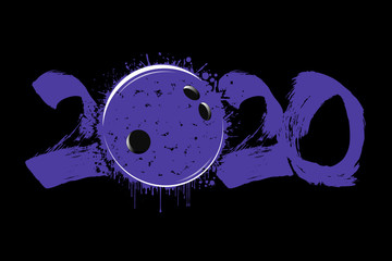 Abstract numbers 2020 and bowling ball from blots