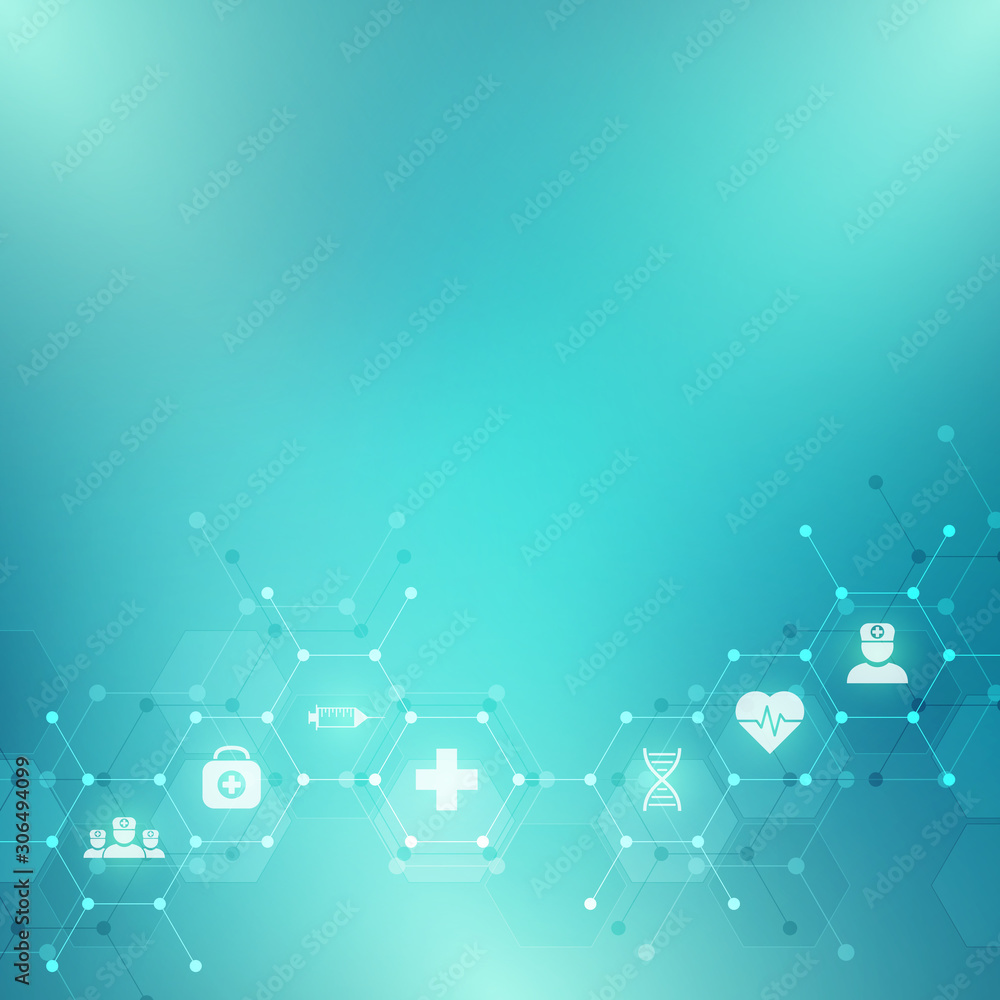 Poster Abstract medical background with flat icons and symbols. Template design with concept and idea for healthcare technology, innovation medicine, health, science and research.