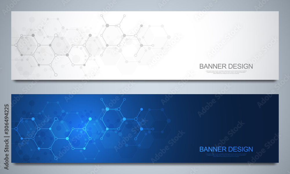 Aufkleber Banners design template and headers for site with molecular structures. Abstract vector background. Science, medicine and innovation technology concept. Decoration website and other ideas.
