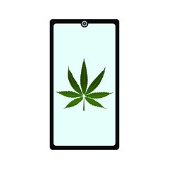Cannabis leaf on smartphone display. Hemp promotion concept. Vector illustration.