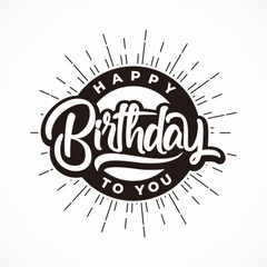 Happy birthday lettering with badge and sunburst illustrations vector
