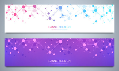 Banners design template with molecular structures and neural network. Abstract molecules and genetic engineering background. Science and innovation technology concept.