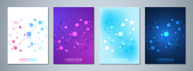 Set of template brochures or cover design, book, flyer, with molecules background and neural network. Abstract geometric background of connected lines and dots. Science and technology concept.