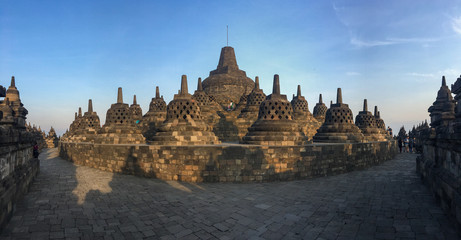 Panorama of Borobudur sacred temple, stuning ancient temple with black stone bells (stupa) in yogyakarta, java, indonesia