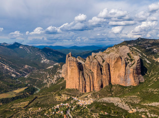 Fototapeta na wymiar Aerial view of the Mallos de Riglos, a set of conglomerate rock formations in Spain