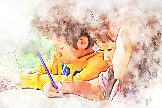 Abstract colorful Kids boy and girls learning drawing in holiday weekend on watercolor illustration painting background.