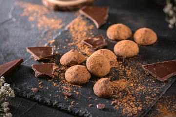 Chocolate truffle candy with cocoa powder on dark background