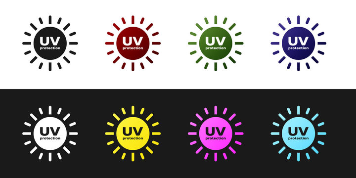 Set UV Protection Icon Isolated On Black And White Background. Ultra Violet Rays Radiation. SPF Sun Sign. Vector Illustration