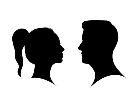 Couple man and woman profile silhouette face to face. Male and female head black shadow. Anonymous concept. Beauty boy and girl portrait. Black model human person. Silhouette face. vector