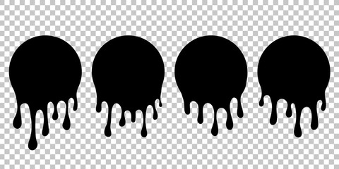 Dripping paint silhouette. Current liquid stains. Dripping spots of sauce, milk, blood, ink, oil, chocolate. Current blob round shape with drops. Melted circle icon. Liquid drips dessert. vector