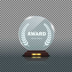 Round glass trophy award. Acrilic blank crystal prize on isolated background. Round glass award cup for winner. Realistic pedestal for achievement winner. Trophy base panel. Design vector