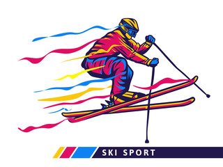 colorful ski sport illustration with skier motion