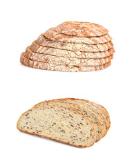 rustic bread with flax seeds in cutting isolate on white.Entire image in sharpness.