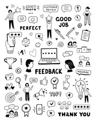 Feedback vector icons and symbols. Hand drawn customer care service concept. Cute doodles for business, review and advices