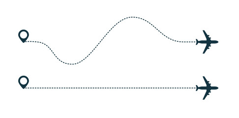 Airplane silhouette icon with dotted line path.