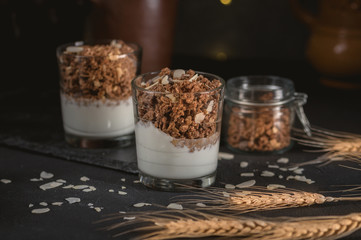 Homemade granola in glass on dark table
