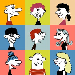 Hand drawn funny characters faces set, vector illustration