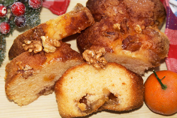 orange and walnut dessert on wood