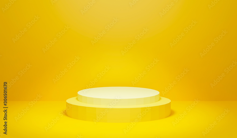 Poster 3d render exhibition stand. abstract yellow blank empty cylinder podium on gold background for displ