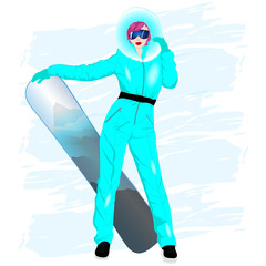Girl in ski suit with snowboard. Vector art